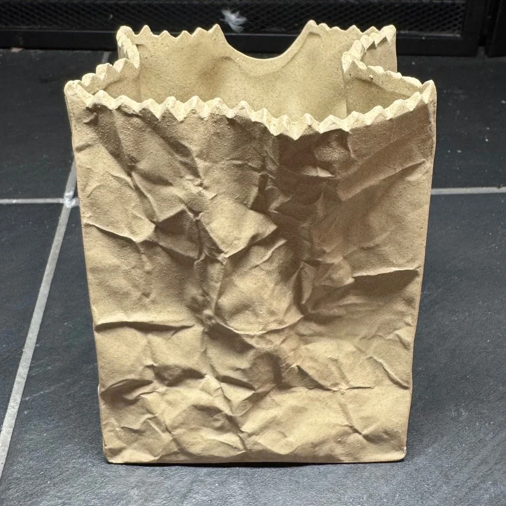Ceramic Brown Paper‎ Bag Vase Trompe L'oeil Sculptural Planter Tan Decor 6 Inch